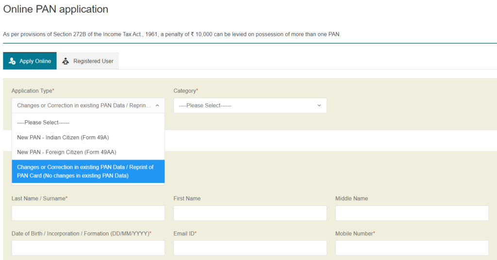 PAN Card Correction Form